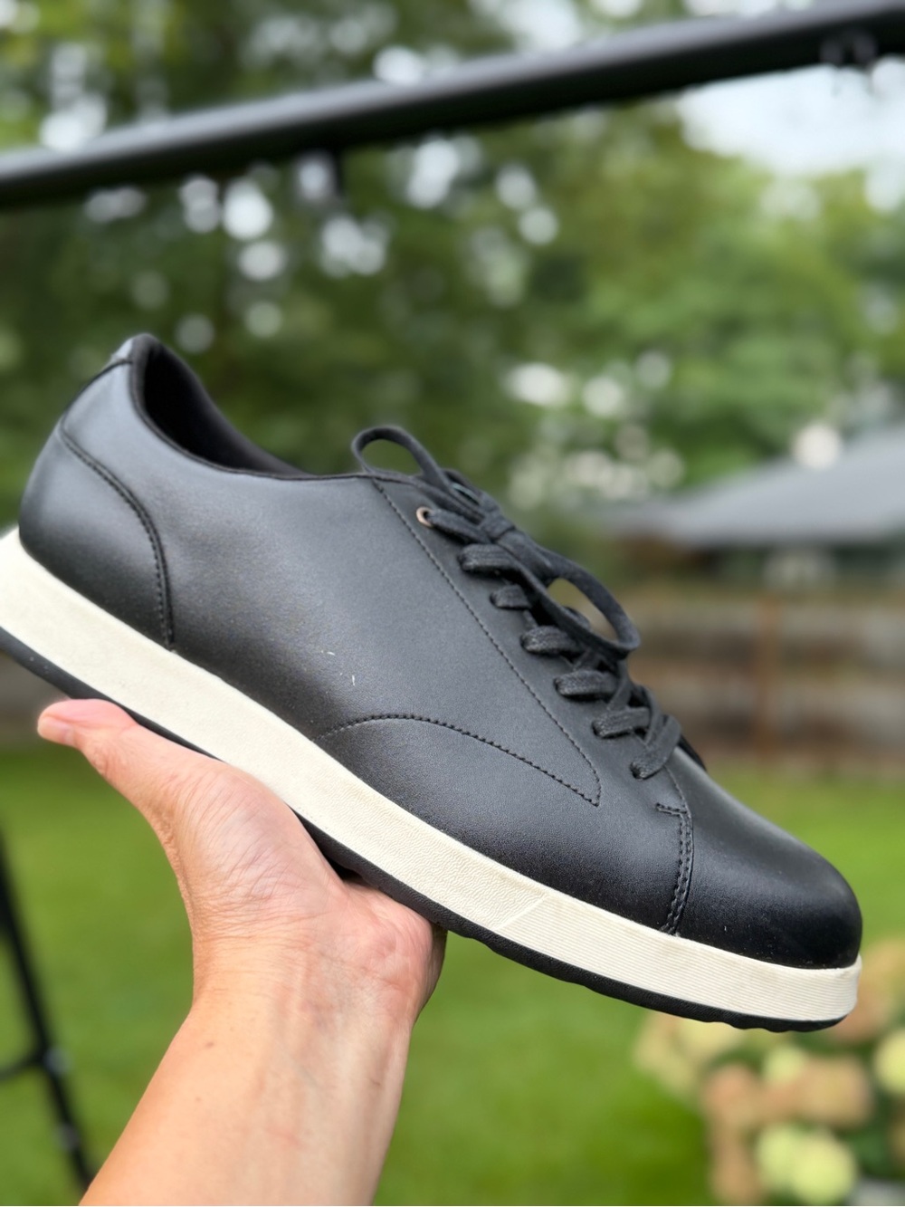 Alfani Mens Black Leather Low Top Lace Up Sneakers Platform Cream Sole Size 9M